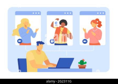 Flat style illustration of a man doing online office meeting. Video conference while working from home. Stock Vector