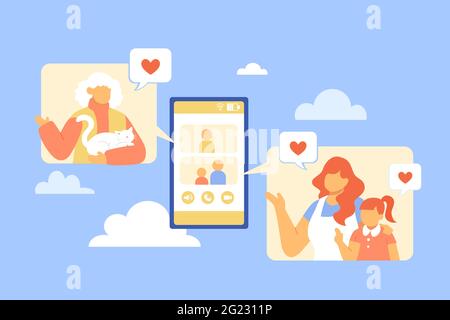 Mother and daughter video calling grandmother holding cat. Flat style illustration of family having online chat, mobile interface of video call app. Stock Vector