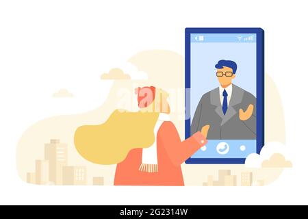 Flat style illustration, woman doing online distant call while her husband on his business trip. City buildings background. Stock Vector