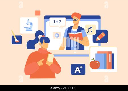 Girl using smart phone for online class, with tutor seen in mobile interface. Flat style illustration of student having online courses Stock Vector