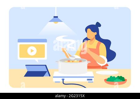 Woman making food using recipe on tablet pc. Female online learning cooking on digital tablet. Flat style illustration. Stock Vector