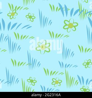 Seamless abstract illustration. Meadow grass and flowers background. Cartoon flat style. vector Stock Vector
