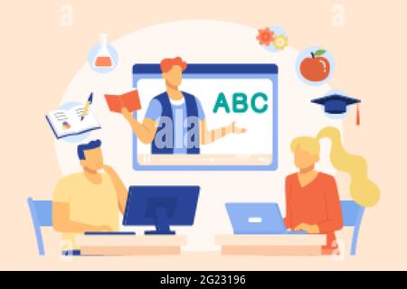 Flat style illustration, young people using laptop for online studying from tutor. Teenager students having online education. Stock Vector