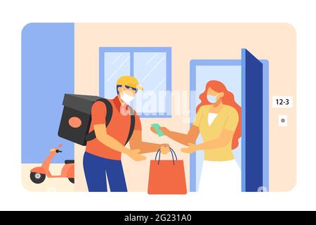 Delivery person making home delivery on goods to female customer. Courier man and woman wearing protective face masks during pandemic. Flat design of Stock Vector