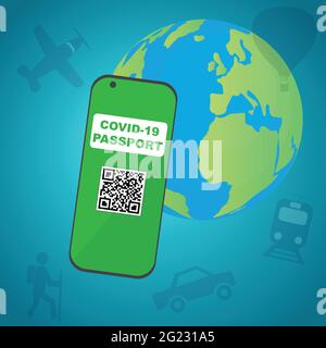 Smartphone with Covid 19 passport near the globe, safety travel concept Stock Vector