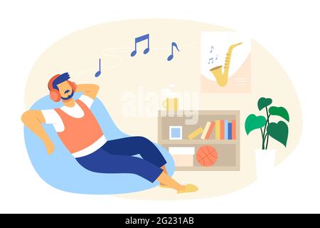 Man lying on bean bag and listening to music on headphones. Flat style illustration man enjoying listening to music. Stock Vector