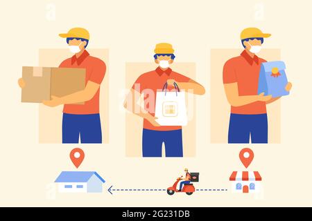 Flat style illustration, courier deliver packages safely during pandemic. Delivery man holding different packages with protective face mask on face. S Stock Vector