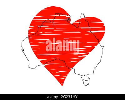 Save Australia vector stock illustration. Outline continent Australia with a red sketch heart isolated on white background. Support sign for volunteer Stock Vector