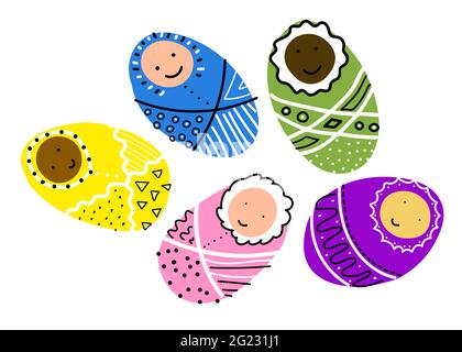 Set of vector cute scandinavian childrens doodles. Baby in a blanket with black and white ornament isolated on white background. Kawaii Smiling charac Stock Vector