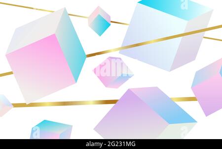 Color abstract banner with luxurious gold metallic gradient of geometric elements. Neutral pastel gentle background with cubes and golden stripes for Stock Vector