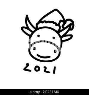 Doodle symbol of Chinese New Year 2021. Cute bull in Santa hat isolated on white background. Outline ox, cow as lunar zodiac sign. Happy New Year stic Stock Vector