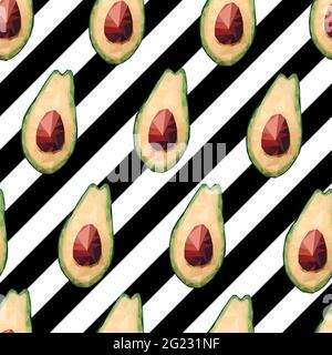 Seamless low poly avocado pattern. Vector polygonal avocado sign on diagonal striped background. Green healthy fruit, proper nutrition, snack, vegetab Stock Vector