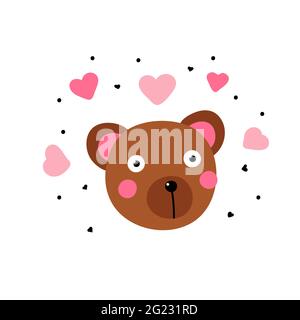 Kawaii bear in love. Cute brown teddy bear with big eyes and pink hearts around isoded on a white background. Minimalistic surprised character - vecto Stock Vector