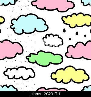 Seamless pattern of clouds with snow and rain. Cute illustration for wallpaper, wrapping paper, textile, design for children. Multicolored hand-drawn Stock Vector