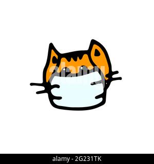 Doodle icon cat in a medical mask. Cartoon character isolated on white background. Orange cute cat is a sign of protection against disease, infection, Stock Vector
