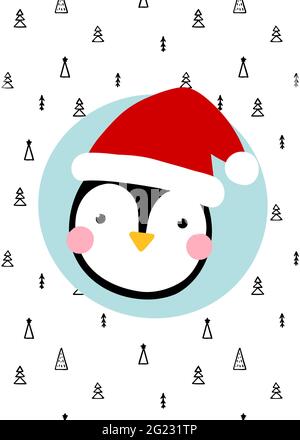 Cute Scandinavian Christmas card. The face of penguin in red Santa hat. Hand drawn doodle Christmas trees background. Vector cozy xmas illustration fo Stock Vector