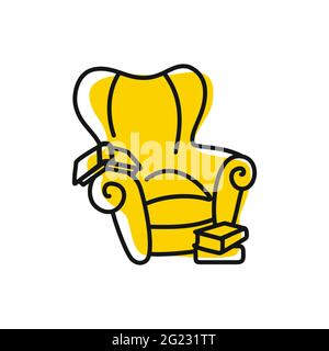 Icon of a cozy chair with books. Outline Armchair isolated on white yellow liquid background. Line sign rest, work at home, comfort, education, stay h Stock Vector