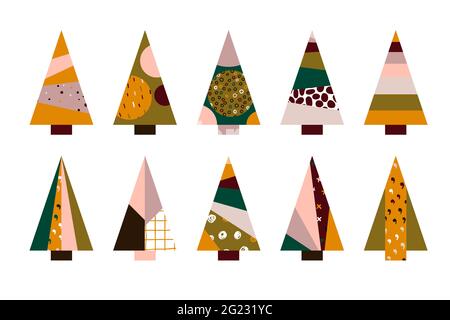 Vector cartoon triangular Christmas tree set. Hand drawn fir trees isolated on white background. Festive boho color Ornament Scandinavian tree symbol Stock Vector