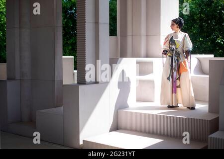 Architect Sumayya Vally during a press preview for the Serpentine Pavilion 2021, designed by Johannesburg-based practice Counterspace, at the Serpentine Gallery, London. Picture date: Tuesday June 8, 2021.