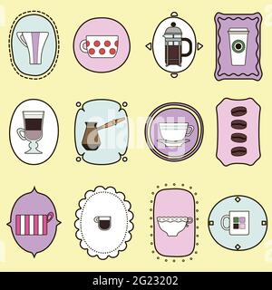 Different coffee cups seamless pattern. Set of mugs with hot drinks. Latte, cappuccino, espresso glasses, cezve, french press, coffee grains on napkin Stock Vector