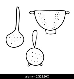 Doodle hand drawn sifting dish. Outline sieve, skimmer, strainer isolated on white background. Cozy kitchen utensils, cute dishes for cooking. Slotted Stock Vector