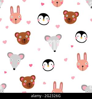 Kawaii animals seamless pattern. Cute rabbit, mouse, penguin, bear with funny face, hearts isolated on white background. Vector characters emoji, chil Stock Vector