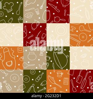 Seamless Doodle tableware vector pattern. Outline dishes on red, green, beige checkered background. Cooking pots, pans, food plates, cutlery, tea kett Stock Vector