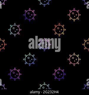Seamless Coronavirus vector pattern. Sign of 2019-nCoV, pandemic, Novel coronavirus. Trend gradient black background with outline virus strain model f Stock Vector