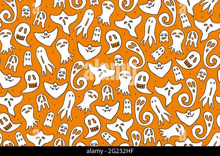 Seamless doodle Halloween pattern. White Ghosts on orange polka dot background. Hand drawn cute scary spirits. Vector apparition banner for spooky aut Stock Vector