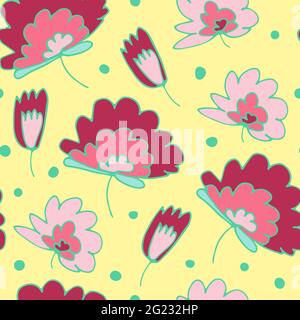 Seamless vector floral pattern. Hand-drawn pink plants on yellow dotted background. Doodle dot illustration for wallpaper, cards, wrapping paper, Wome Stock Vector