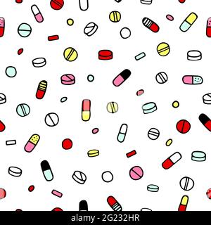 Seamless vector medical pattern. Black outline of multicolor pills isolated on a white background. Medicines, painkillers, antibiotic, vitamins, pharm Stock Vector