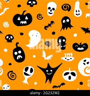 Seamless Happy Halloween pattern. Black white ghost, pumpkin, skeleton, skulls on dot orange background. Cute scary horror characters for fall holiday Stock Vector