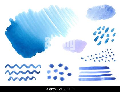 Set of blue Watercolor stains isolated on a white background. Different brush, Stripes, lines, circles, dots, waves, prints, backgrounds. Vector stock Stock Vector