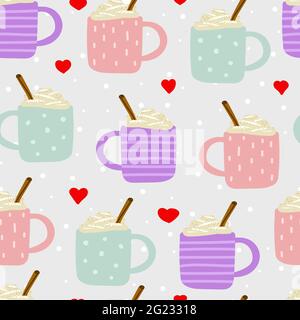 Seamless Cute Scandinavian vector pattern. A pink, blue, violet cups with ornament and hot drinks, cream, cinnamon. Eggnog, coffee, cocoa, on snow bac Stock Vector