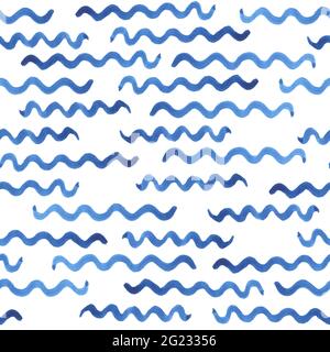 Watercolor seamless vector pattern. Blue strokes of paint wave isolated on white background. Stains, splash, water, ocean, sea, line, river. Tie dye O Stock Vector