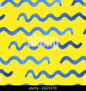 Watercolor seamless vector pattern. Blue strokes of paint wave isolated on yellow background. Stains, splash, water, ocean, sea, line, river. Tie dye Stock Vector