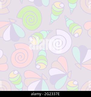 Seashells seamless vector summer pattern. Pastel colors sea snails on lilac background. Illustration with random light cartoon shells for wallpaper, w