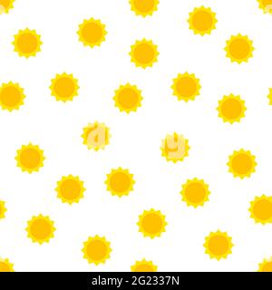 Seamless sun pattern. Cute yellow sun isolated on white background. Color sunrise, sunset sign. Flat symbol of summer, warmth, vacation, travel, beach Stock Vector