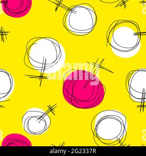 Seamless vector female pattern. Female Venus mirror sign hand-drawn by a tangled line. Gender symbol on a yellow, pink dotted background. Stock Illust Stock Vector