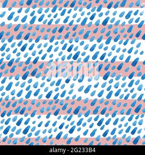 Watercolor seamless vector pattern. Blue strokes of paint isolated on white background with pink stripes. Watercolor stains, splash, rain, water, drop Stock Vector