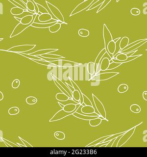Seamless pattern Olives. White Outline olive branches isolated on olive background. Randomly arranged Berries and olive leaves. Vector natural product Stock Vector