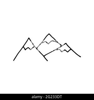 Doodle vector mountains. Outline Mountain isolated on a white background. Hand-drawn landscape detail. Cute stylized Scandinavian style snow capped mo Stock Vector