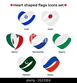 Heart shaped flags icons set. Icon flag from Ribbon curls. Vector icon, symbol, button. Illustration in flat style Stock Vector