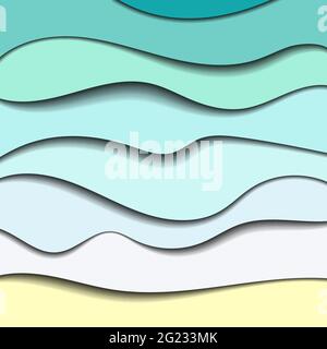 Summer paper cut banner. Blue sea waves and yellow sand. Smooth water gradient wave with shadow. Seascape copy space. Seasonal travel, vacation, weeke Stock Vector