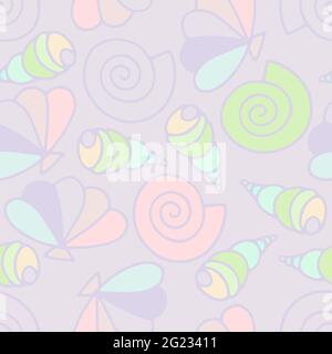Seashells seamless vector summer pattern. Pastel colors sea snails on lilac background. Illustration with random pale cartoon shells for wallpaper, wr