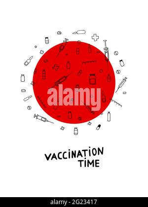 Time for Vaccination. Vector illustration with Outline black pharmaceutical hand-drawn elements on a white background with a red circle Stock Vector