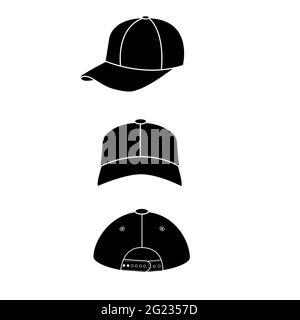 realistic back front and side view white baseball cap. baseball cap black template. sport caps sign. flat style. Stock Photo