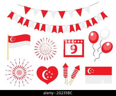 Singapore independence day, national holiday icons set. Vector illustration. Stock Vector