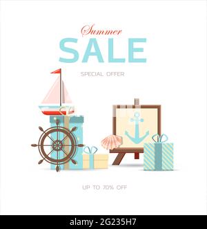 Vector banner for the summer sale. A bright flat illustration of the discount season. Ad template. Hot Summer Sale Typography Stock Vector