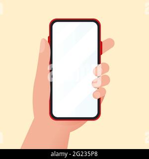 Hand holding mobile phone, flat design mockup. Vector isolated illustration Stock Vector